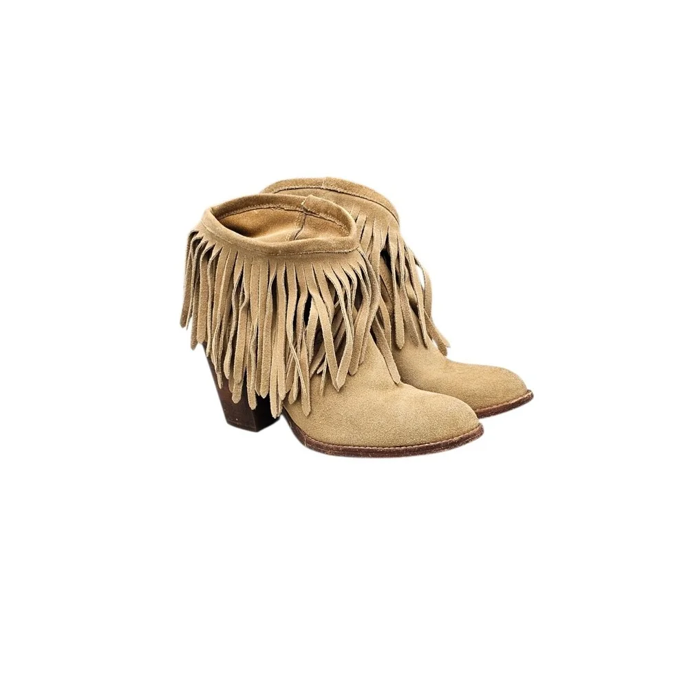 FRYE Womens Size 6.5 US EUC Llana Tan Suede Heeled Pull On Fringe Ankle Booties - Picture 1 of 8